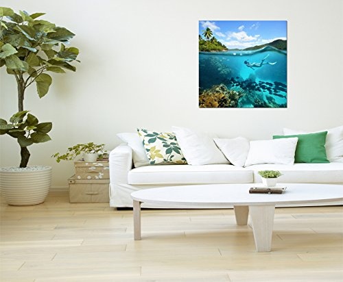 80x80cm - Fotodruck auf Leinwand und Rahmen Korallenriff Fische Taucher Meer Natur - Leinwandbild auf Keilrahmen modern stilvoll - Bilder und Dekoration