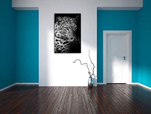 Nahaufnahme Leopardenkopf schwarz/weiß Format: 100x70 auf Leinwand, XXL riesige Bilder fertig gerahmt mit Keilrahmen, Kunstdruck auf Wandbild mit Rahmen, günstiger als Gemälde oder Ölbild, kein Poster oder Plakat