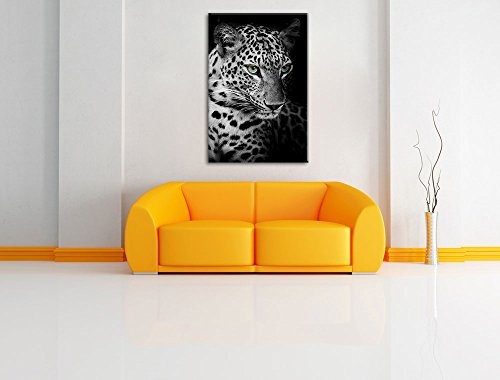 Nahaufnahme Leopardenkopf schwarz/weiß Format: 100x70 auf Leinwand, XXL riesige Bilder fertig gerahmt mit Keilrahmen, Kunstdruck auf Wandbild mit Rahmen, günstiger als Gemälde oder Ölbild, kein Poster oder Plakat