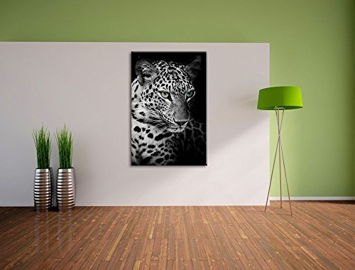 Nahaufnahme Leopardenkopf schwarz/weiß Format: 100x70 auf Leinwand, XXL riesige Bilder fertig gerahmt mit Keilrahmen, Kunstdruck auf Wandbild mit Rahmen, günstiger als Gemälde oder Ölbild, kein Poster oder Plakat