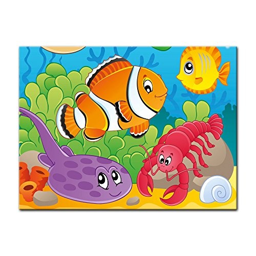 Wandbild - Kinderbild Unterwasser Tiere VI - Bild auf Leinwand - 50x40 cm einteilig - Leinwandbilder - Kinder - Rochen, Fisch und Languste