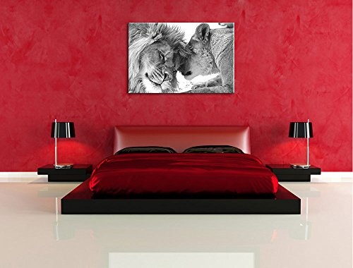 Bezauberndes kuschelndes Löwenpaar schwarz/weiß Format: 100x70 auf Leinwand, XXL riesige Bilder fertig gerahmt mit Keilrahmen, Kunstdruck auf Wandbild mit Rahmen, günstiger als Gemälde oder Ölbild, kein Poster oder Plakat