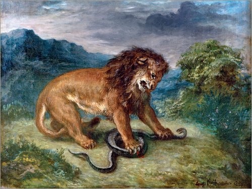 Posterlounge Leinwandbild 130 x 100 cm: Löwe und Schlange von Eugene Delacroix/akg-Images - fertiges Wandbild, Bild auf Keilrahmen, Fertigbild auf echter Leinwand, Leinwanddruck