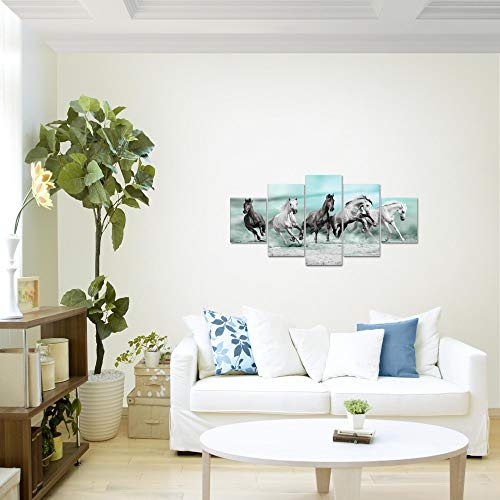 Bilder Pferde Wandbild 150 x 75 cm Vlies - Leinwand Bild XXL Format Wandbilder Wohnzimmer Wohnung Deko Kunstdrucke Blau 5 Teilig - MADE IN GERMANY - Fertig zum Aufhängen 014153b