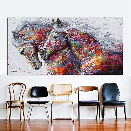 Orlco Kunst-Wandbild auf Leinwand, Ölgemälde, Tier-Dekoration, drei laufende Pferde, Druck auf Leinwand, Heimdekoration, Bilder Poster, bunte Dekoration, a, 24x48inch(60x120cm) with the frame