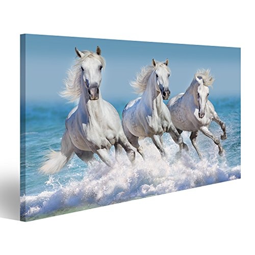 islandburner Bild auf Leinwand Pferd Herde Laufen Galopp in Wellen im Ozean Wandbild, Poster, Leinwandbild GFY