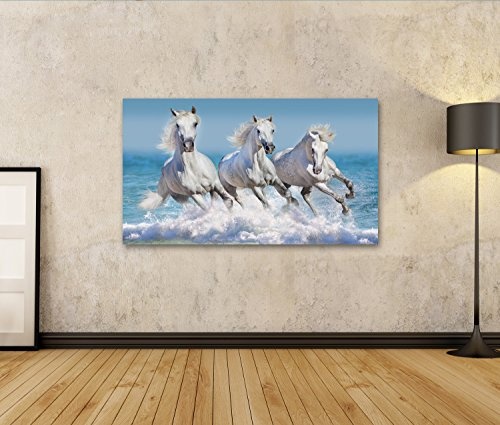 islandburner Bild auf Leinwand Pferd Herde Laufen Galopp in Wellen im Ozean Wandbild, Poster, Leinwandbild GFY