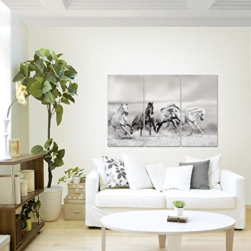 Bilder Pferde Wandbild 120 x 80 cm Vlies - Leinwand Bild XXL Format Wandbilder Wohnzimmer Wohnung Deko Kunstdrucke Grau 3 Teilig - MADE IN GERMANY - Fertig zum Aufhängen 014131c