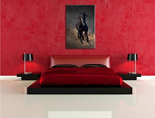 Elegantes schwarzes Pferd Schwarz/Weiß, Format: 100x70 auf Leinwand, XXL riesige Bilder fertig gerahmt mit Keilrahmen, Kunstdruck auf Wandbild mit Rahmen, günstiger als Gemälde oder Ölbild, kein Poster oder Plakat