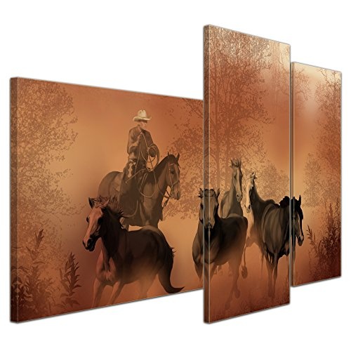 Wandbild - Cowboy mit Pferden - Bild auf Leinwand - 130x80 cm dreiteilig - Leinwandbilder - Kunst & Lifestyle - Wildwest - Reiter im Viehtrieb