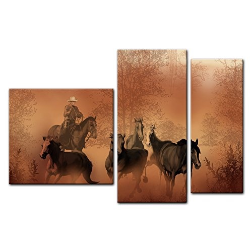 Wandbild - Cowboy mit Pferden - Bild auf Leinwand -...