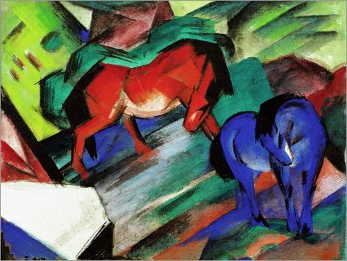 Posterlounge Leinwandbild 40 x 30 cm: Rotes und blaues Pferd von Franz Marc - fertiges Wandbild, Bild auf Keilrahmen, Fertigbild auf echter Leinwand, Leinwanddruck