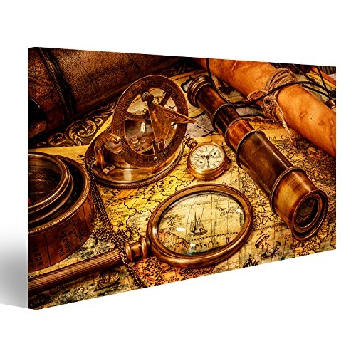 islandburner Bild Bilder auf Leinwand Vintage Lupe, Kompass, Teleskop und eine Taschenuhr auf Einer Alten Karte liegen. Wandbild, Poster, Leinwandbild EGY