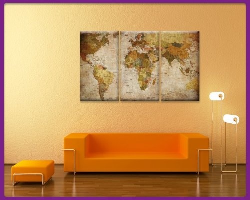 Wandbild - Weltkarte Retro - Bild auf Leinwand - 120x80cm - 3teilig - Leinwandbilder - Urban & Graphic - Landkarte im Vintage-Stil