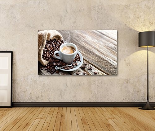 Bild Bilder auf Leinwand Espresso Kaffeetasse mit Bohnen auf Vintage Tisch Wandbild Leinwandbild Poster
