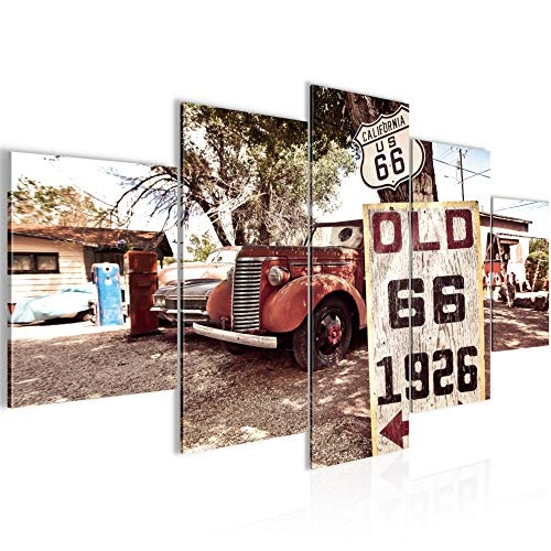 Bilder Vintage Auto Route 66 Wandbild 200 x 100 cm Vlies - Leinwand Bild XXL Format Wandbilder Wohnzimmer Wohnung Deko Kunstdrucke Rot 5 Teilig - MADE IN GERMANY - Fertig zum Aufhängen 609851a