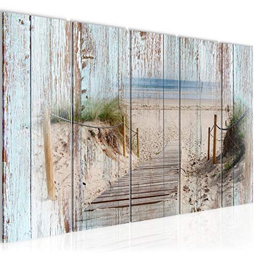 Bilder Strand Holz Bretter Wandbild 200 x 80 cm Vlies - Leinwand Bild XXL Format Wandbilder Wohnzimmer Wohnung Deko Kunstdrucke Blau 5 Teilig - MADE IN GERMANY - Fertig zum Aufhängen 606155a