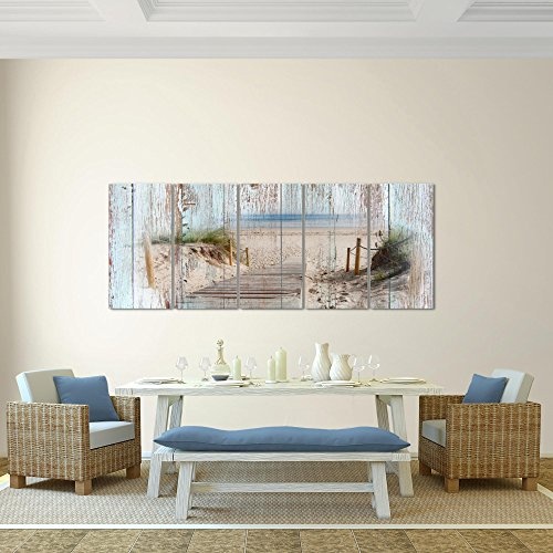 Bilder Strand Holz Bretter Wandbild 200 x 80 cm Vlies - Leinwand Bild XXL Format Wandbilder Wohnzimmer Wohnung Deko Kunstdrucke Blau 5 Teilig - MADE IN GERMANY - Fertig zum Aufhängen 606155a