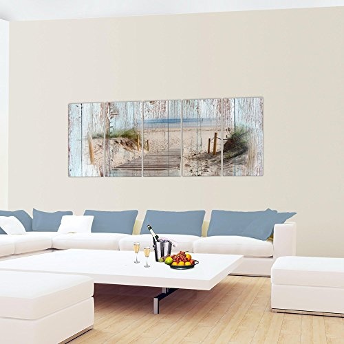 Bilder Strand Holz Bretter Wandbild 200 x 80 cm Vlies - Leinwand Bild XXL Format Wandbilder Wohnzimmer Wohnung Deko Kunstdrucke Blau 5 Teilig - MADE IN GERMANY - Fertig zum Aufhängen 606155a