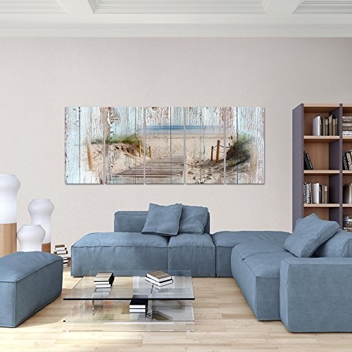 Bilder Strand Holz Bretter Wandbild 200 x 80 cm Vlies - Leinwand Bild XXL Format Wandbilder Wohnzimmer Wohnung Deko Kunstdrucke Blau 5 Teilig - MADE IN GERMANY - Fertig zum Aufhängen 606155a