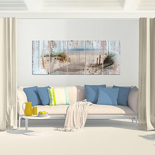 Bilder Strand Holz Bretter Wandbild 200 x 80 cm Vlies - Leinwand Bild XXL Format Wandbilder Wohnzimmer Wohnung Deko Kunstdrucke Blau 5 Teilig - MADE IN GERMANY - Fertig zum Aufhängen 606155a