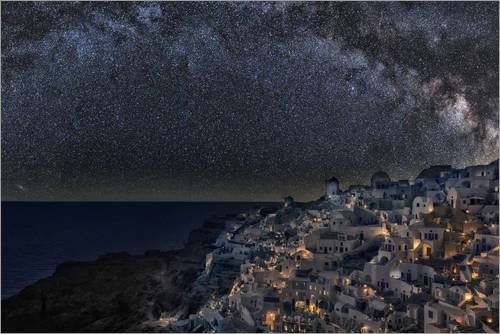 Leinwandbild 180 x 120 cm: Santorini unter der Milchstraße von Dieter Meyrl - fertiges Wandbild, Bild auf Keilrahmen, Fertigbild auf echter Leinwand, Leinwanddruck