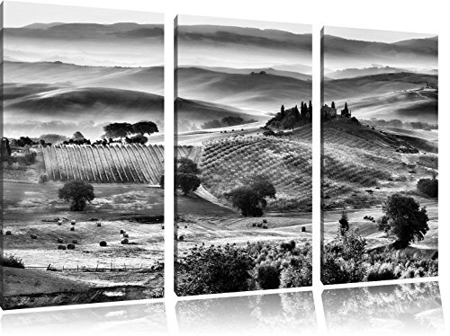 Monocrome, Wunderschöne neblige Toskana Landschaft 3-Teiler Leinwandbild 120x80 Bild auf Leinwand, XXL riesige Bilder fertig gerahmt mit Keilrahmen, Kunstdruck auf Wandbild mit Rahmen, gänstiger als Gemälde oder Ölbild, kein Poster oder Plakat