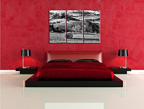 Pixxprint Monocrome, Italienische Toskana Landschaft 3-Teiler Leinwandbild 120x80 Bild auf Leinwand