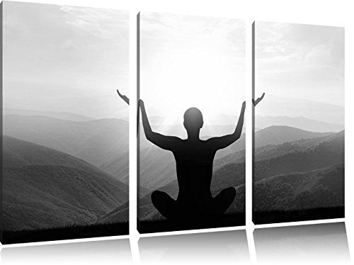 Pixxprint Yoga in den Bergen Kunst B&W 3-Teiler Leinwandbild 120x80 Bild auf Leinwand