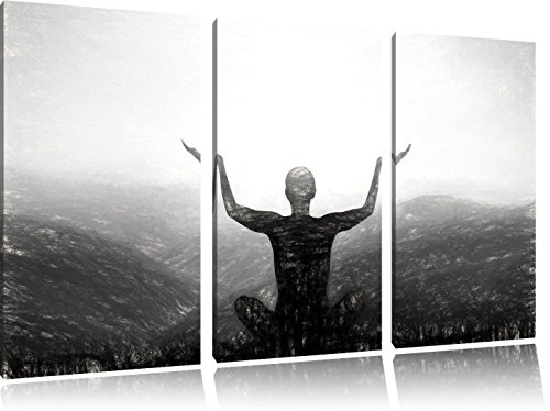 Yoga in den Bergen Kunst Kohle Effekt 3-Teiler Leinwandbild 120x80 Bild auf Leinwand, XXL riesige Bilder fertig gerahmt mit Keilrahmen, Kunstdruck auf Wandbild mit Rahmen, gänstiger als Gemälde oder Ölbild, kein Poster oder Plakat