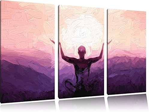 Pixxprint Yoga in den Bergen Kunst Pinsel Effekt 3-Teiler Leinwandbild 120x80 Bild auf Leinwand