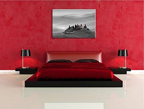 schöne Toskana Landschaft schwarz/weiß Format: 80x60 auf Leinwand, XXL riesige Bilder fertig gerahmt mit Keilrahmen, Kunstdruck auf Wandbild mit Rahmen, günstiger als Gemälde oder Ölbild, kein Poster oder Plakat