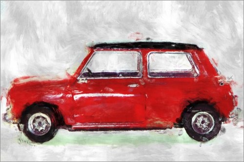 Posterlounge Leinwandbild 150 x 100 cm: Oldtimer Mini BMW rot von Loro-Art - fertiges Wandbild, Bild auf Keilrahmen, Fertigbild auf echter Leinwand, Leinwanddruck