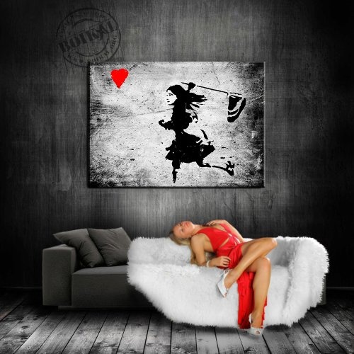 Banksy Street Art Graffiti - Dolk Girl Herz Leinwand Bild fertig auf Keilrahmen - Kunstdrucke, Leinwandbilder, Wandbilder, Poster, Gemälde, Pop Art Deko Kunst Bilder