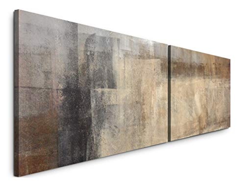 Paul Sinus Art Abstrakte Kunst beige braun in 180x50cm - 2 Wandbilder je 50x90cm - Kunstdrucke - Wandbild - Leinwandbilder fertig auf Rahmen