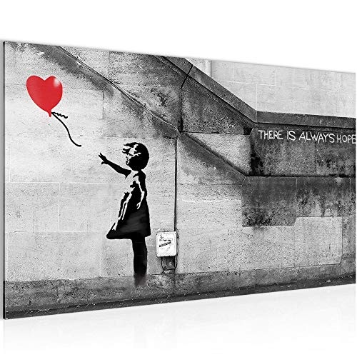 Bilder Banksy - Ballon Girl Wandbild 70 x 40 cm Vlies - Leinwand Bild XXL Format Wandbilder Wohnzimmer Wohnung Deko Kunstdrucke Rot 1 Teilig - Made IN Germany - Fertig zum Aufhängen 301614a