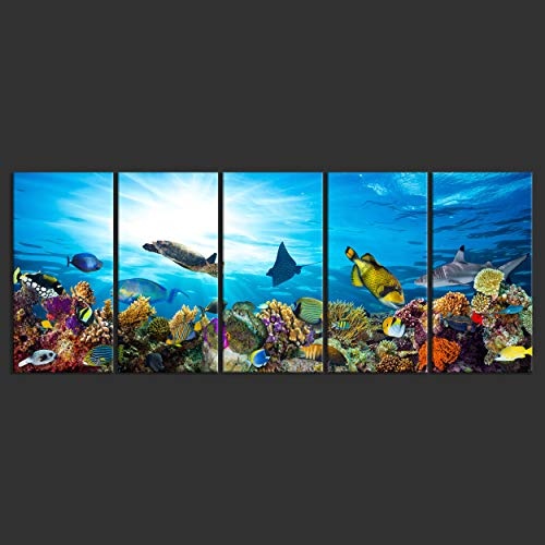 decomonkey Akustikbild Aquarium 225x90 cm 5 Teilig Bilder Leinwandbilder Wandbilder XXL Schallschlucker Schallschutz Akustikdämmung Wandbild Deko leise Ozean Korallenriff Fisch blau bunt
