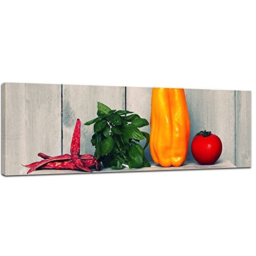 Wandbild - Paprika und Basilikum - Bild auf Leinwand - 90x30 cm einteilig - Leinwandbilder - Essen & Trinken - Gemüse und Kräuter auf Einem Brettchen