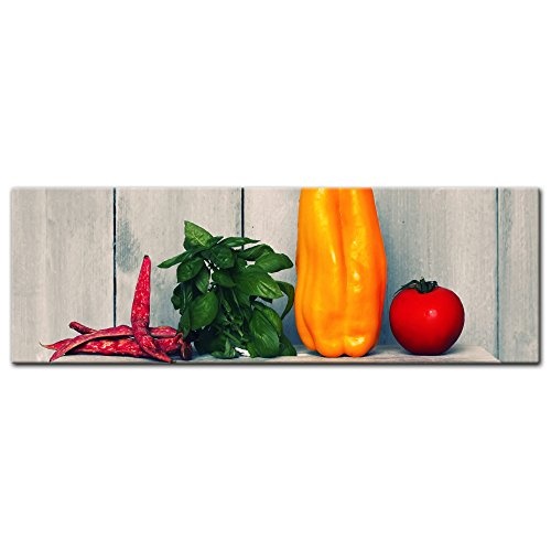 Wandbild - Paprika und Basilikum - Bild auf Leinwand - 90x30 cm einteilig - Leinwandbilder - Essen & Trinken - Gemüse und Kräuter auf Einem Brettchen