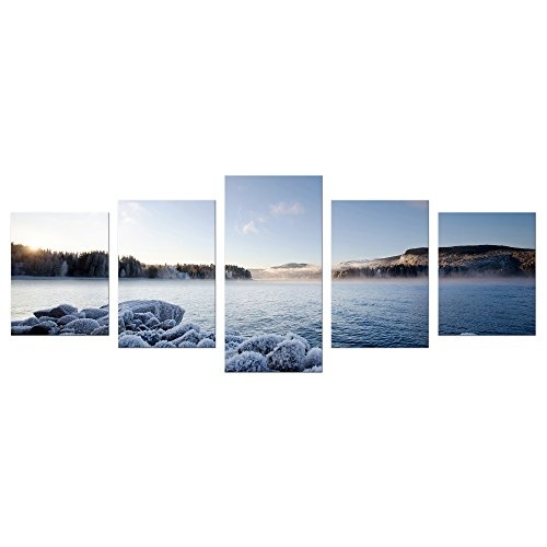 Wandbild - Winter Fjord - Bild auf Leinwand - 200x80 cm 5 teilig - Leinwandbilder - Landschaften - Skandinavien - Gefrorene Küste - malerisch