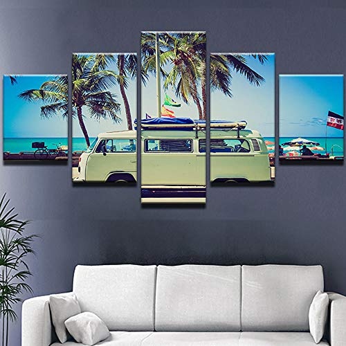 WLHDM Bilder Wohnzimmer HD Gedruckt Malerei 5 Stücke Kühlen Sommer Landschaft Und Auto Wohnkultur Poster Moderne Wandkunst Mit Rahmen