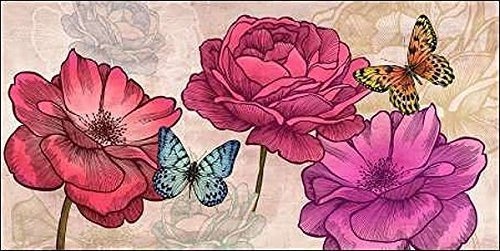 Keilrahmen-Bild - Eve C. Grant: Roses and Butterflies Neutral Leinwandbild Rosen Blumen bunt Schmetterling (50x100)
