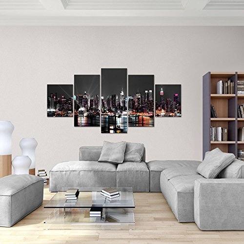 Bilder New York City Wandbild 200 x 100 cm Vlies - Leinwand Bild XXL Format Wandbilder Wohnzimmer Wohnung Deko Kunstdrucke Schwarz 5 Teilig - MADE IN GERMANY - Fertig zum Aufhängen 601951a