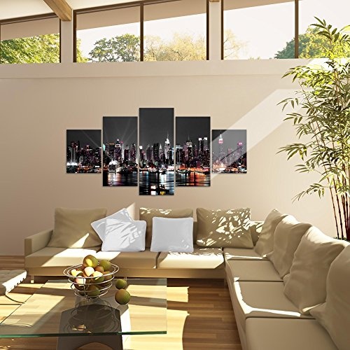 Bilder New York City Wandbild 200 x 100 cm Vlies - Leinwand Bild XXL Format Wandbilder Wohnzimmer Wohnung Deko Kunstdrucke Schwarz 5 Teilig - MADE IN GERMANY - Fertig zum Aufhängen 601951a