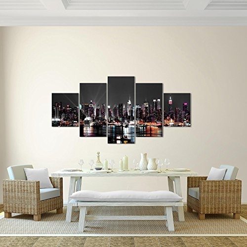 Bilder New York City Wandbild 200 x 100 cm Vlies - Leinwand Bild XXL Format Wandbilder Wohnzimmer Wohnung Deko Kunstdrucke Schwarz 5 Teilig - MADE IN GERMANY - Fertig zum Aufhängen 601951a