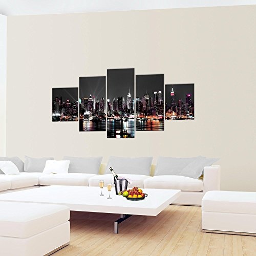 Bilder New York City Wandbild 200 x 100 cm Vlies - Leinwand Bild XXL Format Wandbilder Wohnzimmer Wohnung Deko Kunstdrucke Schwarz 5 Teilig - MADE IN GERMANY - Fertig zum Aufhängen 601951a