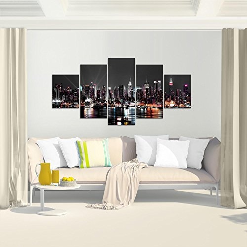 Bilder New York City Wandbild 200 x 100 cm Vlies - Leinwand Bild XXL Format Wandbilder Wohnzimmer Wohnung Deko Kunstdrucke Schwarz 5 Teilig - MADE IN GERMANY - Fertig zum Aufhängen 601951a