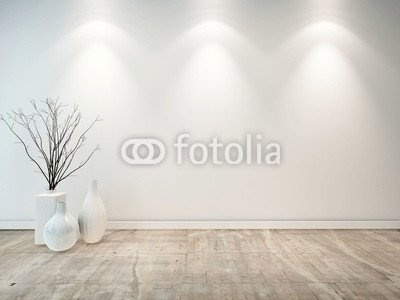 Leinwand-Bild 130 x 100 cm: "Empty neutral grey room with ornamental vases", Bild auf Leinwand