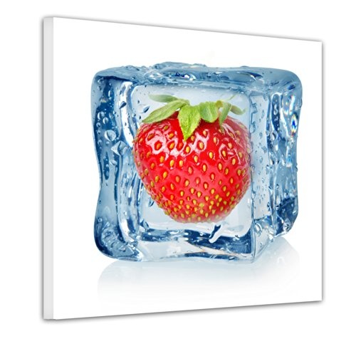 Wandbild - Eiswürfel Erdbeere - Bild auf Leinwand - 40x40 cm - Leinwandbilder - Essen & Trinken - Obst - Frucht - Kälte