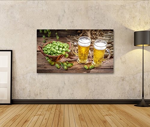 islandburner Bild Bilder auf Leinwand Kaltes Bier umgeben von Hopfenkegeln Wandbild Leinwandbild Poster DGR